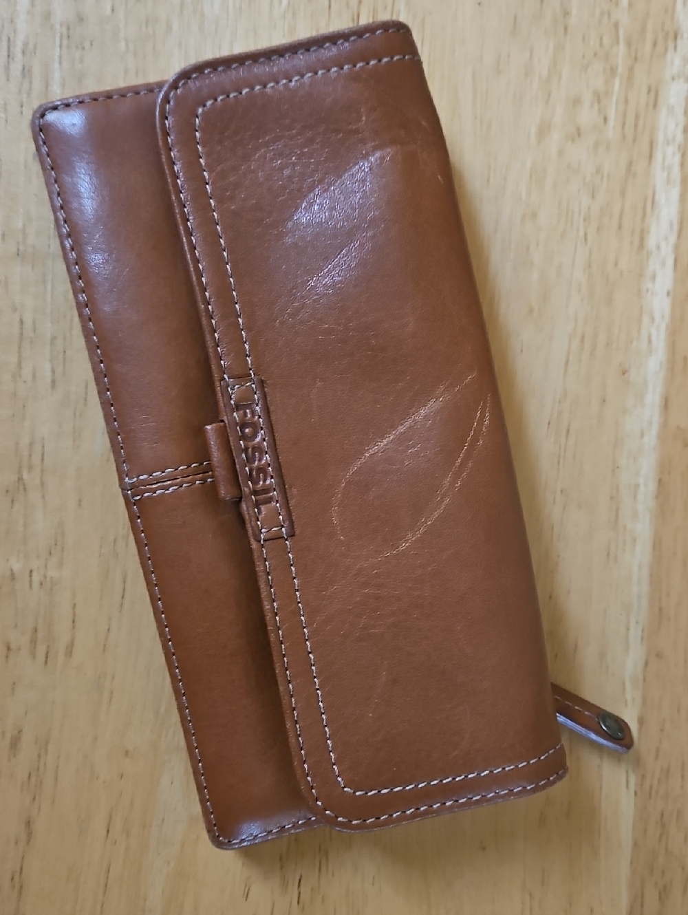 Fossil Tan Leather Long Wallet with Snap Tab
